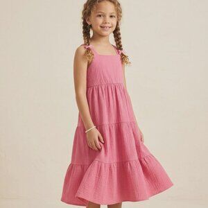 Arshiner Girls Boho Tiered Midi Dress - Pink Crinkle Gauze - Size 6